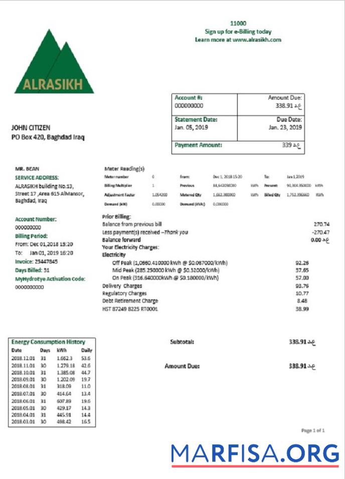 Downloadable Iraq AlRasikh electricity utility bill template